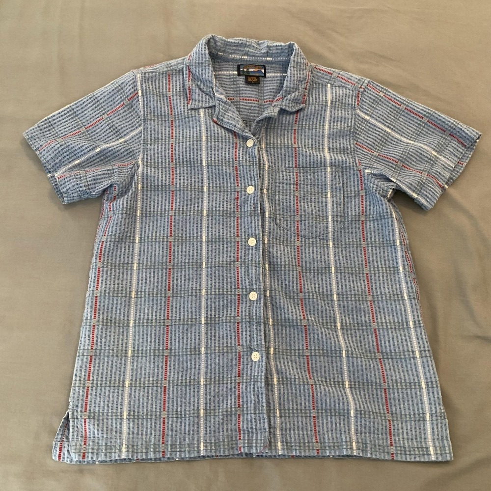 Vintage Shaver Lake Shirt Womens Large Blue Plaid Short Sleeve Button Up 90s
